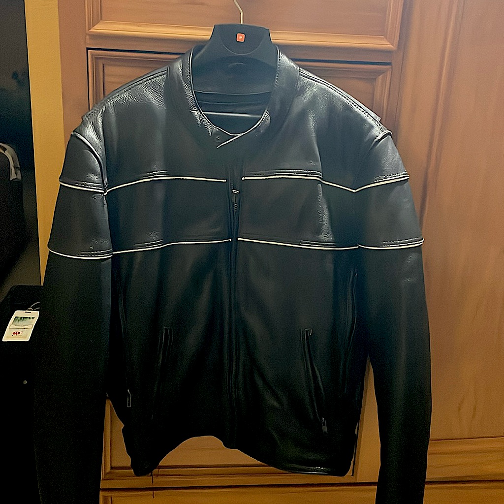 Heavy Duty Motorcycle Jacket. Use For Cold Weather Riding. Has White Striping.